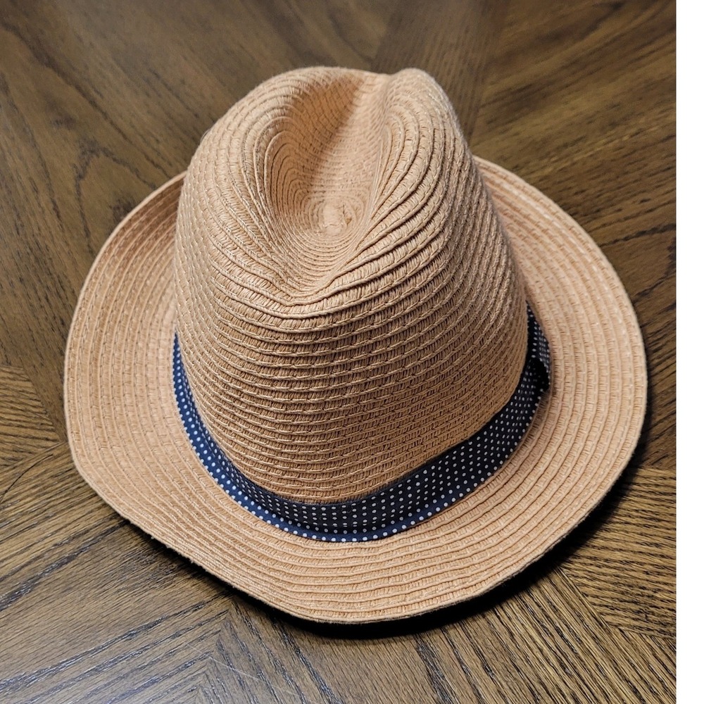 Woven Straw Fedora Hat Tan with Navy Polka Dot Ribbon RN86183 One Size